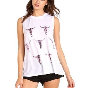 NEW Show Me Your Mumu Bull Tribe Muscle Tank Bull Skull White Pink Size XS